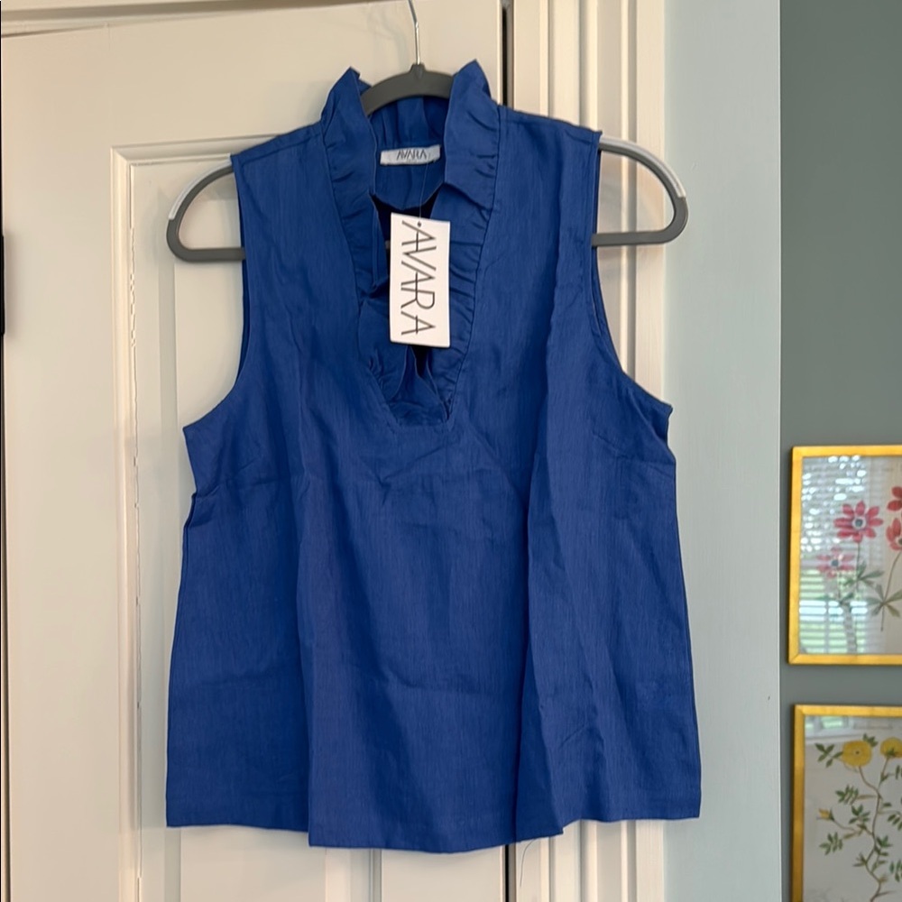 Avara Linen Blue Ruffle V-Neck Blouse